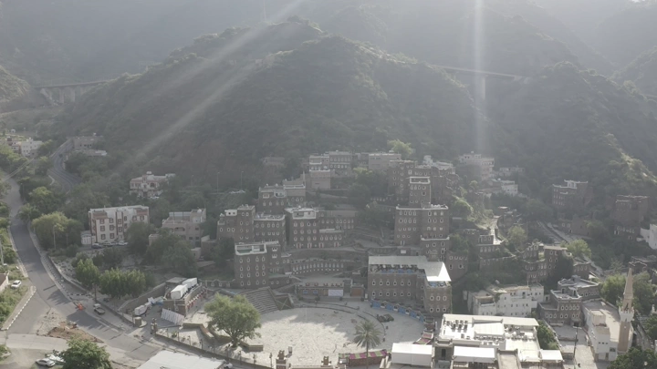 Rijal Alma village in Asir region, daytime aerial shot.
