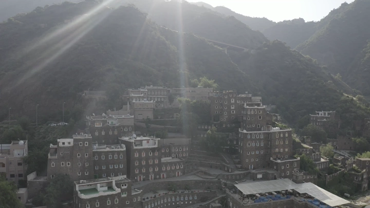 Rijal Almaa village in Asir region, aerial shot in sunlight.