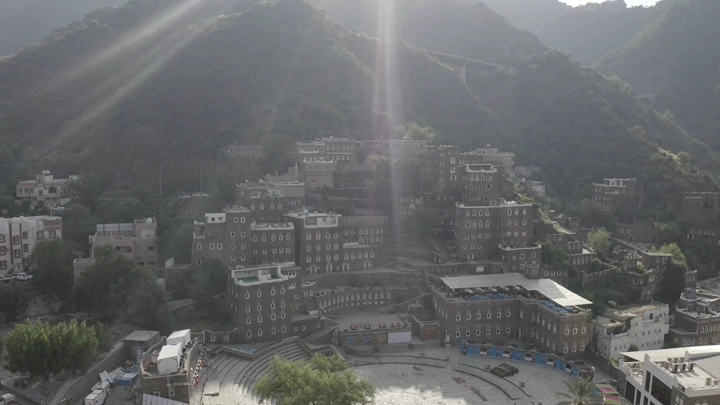 Rijal Alma village in Asir region, daytime aerial shot.