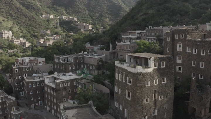 Traditional village in Rijal Almaa, Asir region, aerial shot.