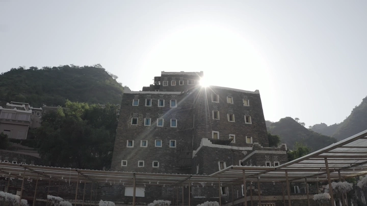Traditional building in Rijal Alma, Asir region, daytime shot.
