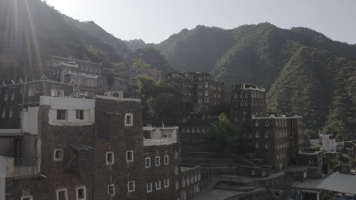 Rijal Alma village in Asir region, daytime shot.