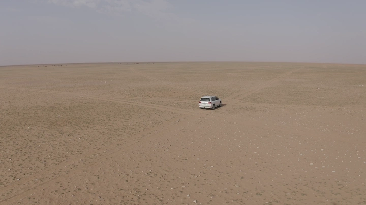 Car in northern desert during spring, aerial shot.
