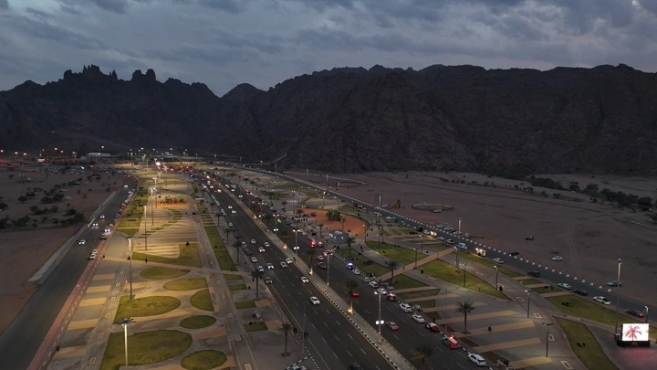 An aerial shot of Al-Maghwah Park in Hail at sunset.