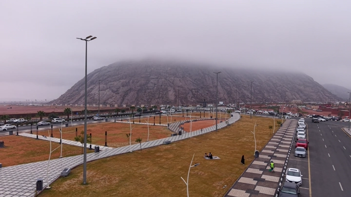 Mountains of Aja covered in fog in Hail, aerial shot.