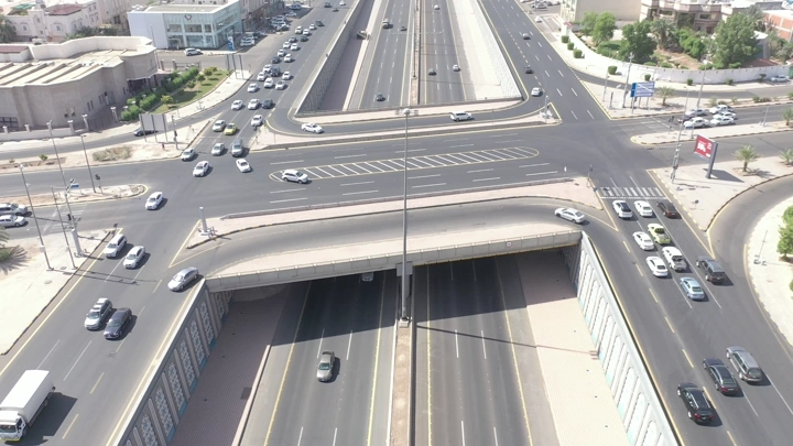 A busy ring road in Medina, aerial shot.