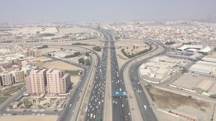 Al-Haramain Road in Mecca, aerial shot.