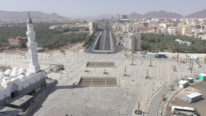 Quba Mosque and the migration route in Medina, aerial view.