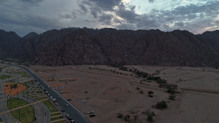Al-Maghwah Park in Hail at sunset, drone shot.