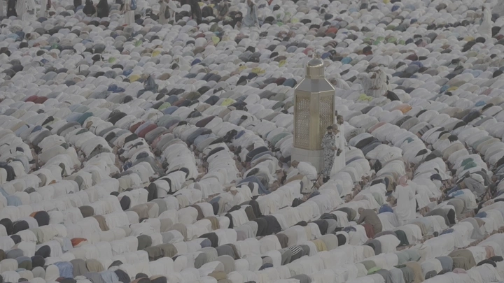Congregational prayer at the Grand Mosque, aerial view.