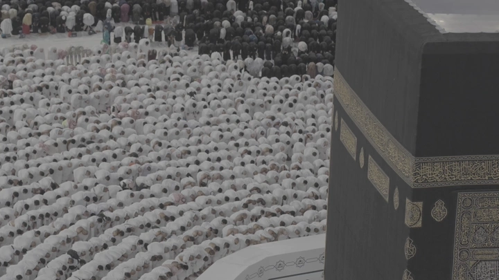 Congregational prayer at the Kaaba in Mecca, aerial view.