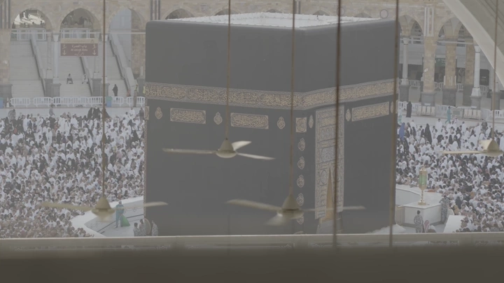 Kaaba in Mecca, aerial view, daytime shot.