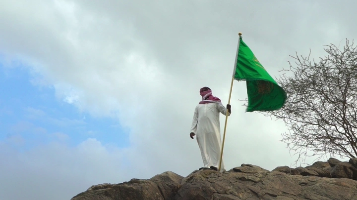 شخص يحمل علمًا أخضر على قمة جبل، صورة من زاوية منخفضة.