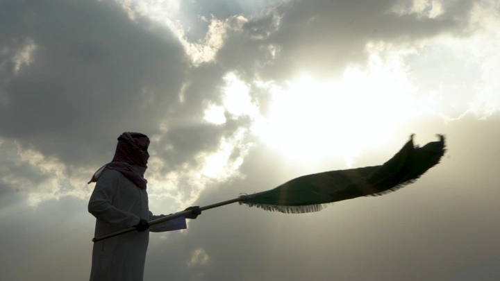 شخص يحمل علمًا تحت سماء غائمة، لقطة من الأسفل.