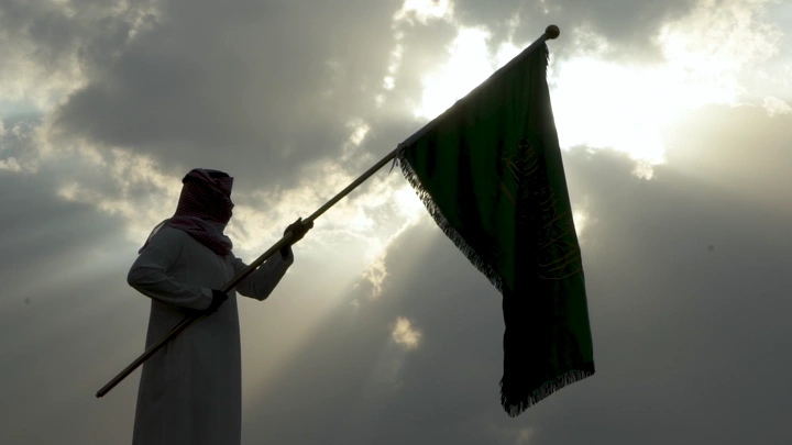 شخص يحمل علمًا في مواجهة الشمس، لقطة ظلية.