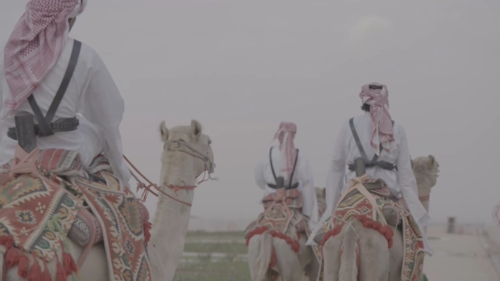 رجال يركبون الجمال في الصحراء، لقطة خلفية.