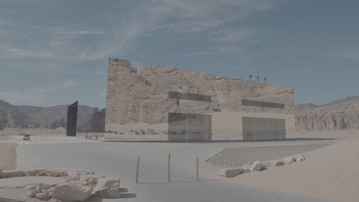 مبنى حديث في العلا، تصوير من الأرض في وضح النهار.