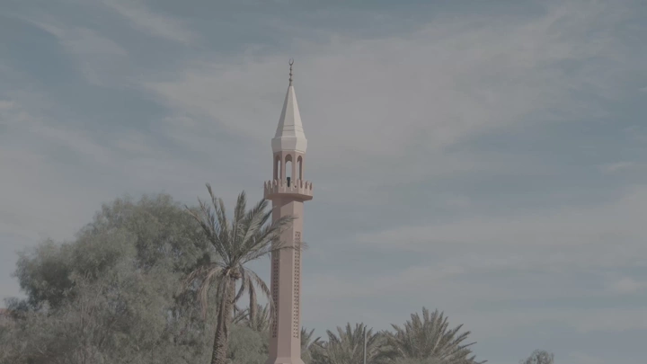مئذنة مسجد بين أشجار النخيل في العلا، لقطة نهارية.