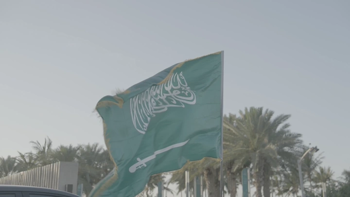 علم السعودية يرفرف مع نخيل في جدة، لقطة نهارية.