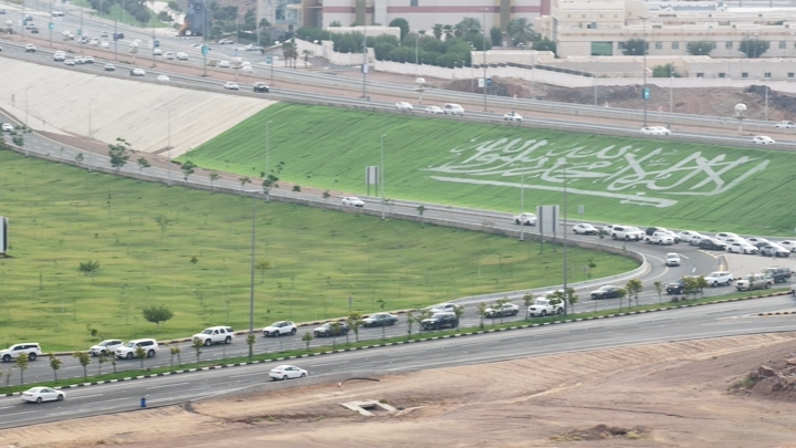 منظر علوي لعلم السعودية على تلة خضراء في حائل، تصوير جوي.