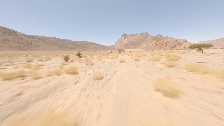 Desert valley in northern Saudi Arabia, daytime drone shot.