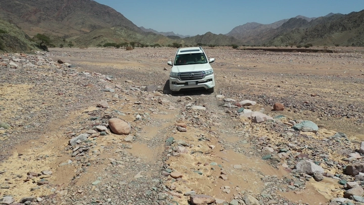 سيارة تسير في وادٍ صخري شمال المملكة، تصوير درون.