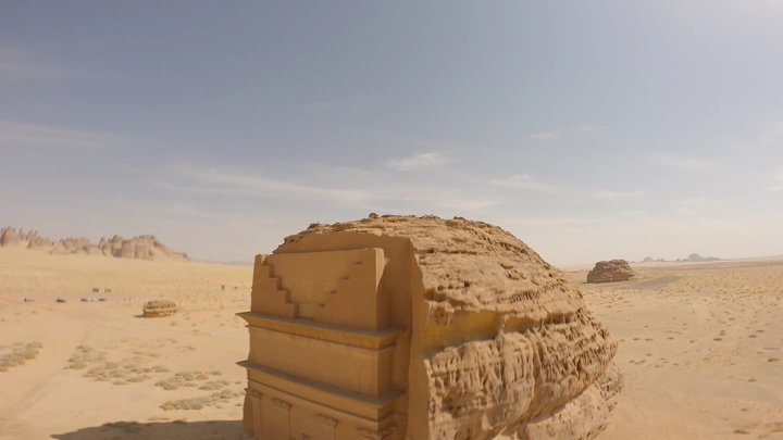 Mada'in Saleh in Al-Ula, drone shot in daylight.