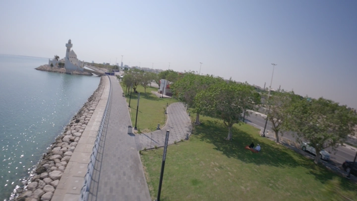 Aerial view of Salem Bin Laden Mosque on the Dammam beach, aerial shot.