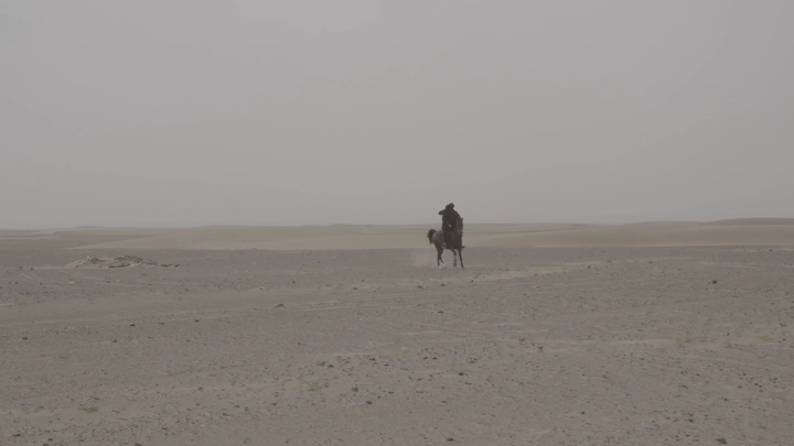 Rider on a horse in a barren desert, wide shot.