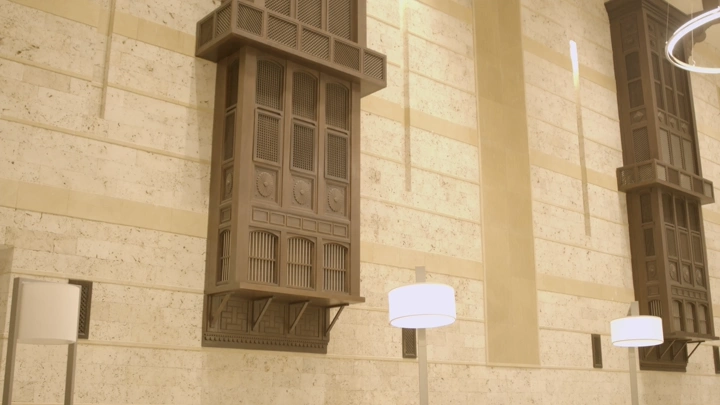 تصميم داخلي لصالة مطار بديكور حجازي تقليدي، لقطة قريبة.