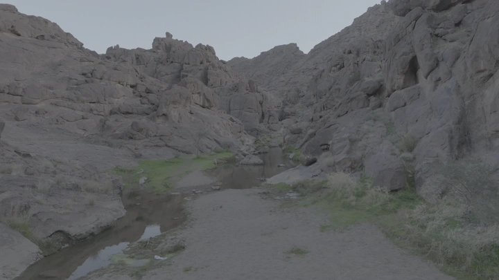 وادي بين الجبال بعد المطر، لقطة طبيعية.