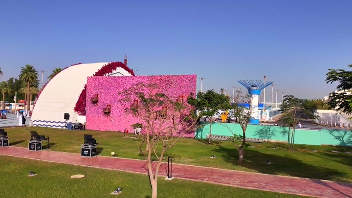 Pink flower wall at Yanbu Flower Festival, aerial shot.