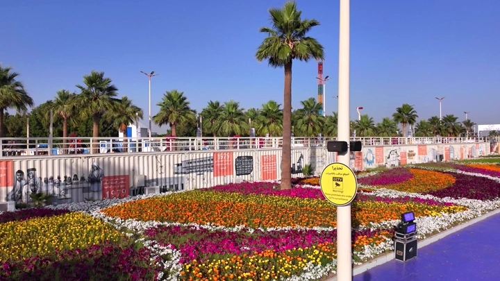 Colorful flowers at the Yanbu Industrial Festival, an aerial daytime shot.