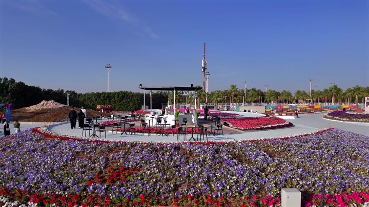 A colorful flower garden at the Flower Festival in Yanbu Industrial City, an aerial daytime shot.