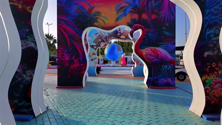 A colorful entrance with a flamingo at the Flower and Garden Festival in Yanbu Industrial City, daytime shot.