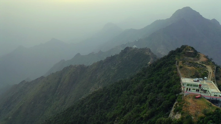 The Talan Mountains in Jazan under the cloudy sky, an aerial shot.
