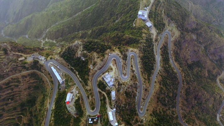 A winding mountain road in the Talan Mountains in Jazan, aerial shot.