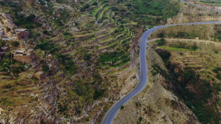 Terraced fields in Talan Mountains, Jazan, aerial shot.