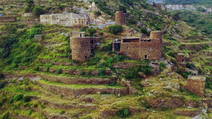 Ancient stone buildings on Talan Mountains in Jazan, aerial shot.
