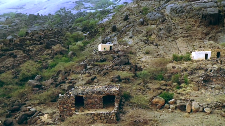 Stone houses in Ghey village, drone shot.
