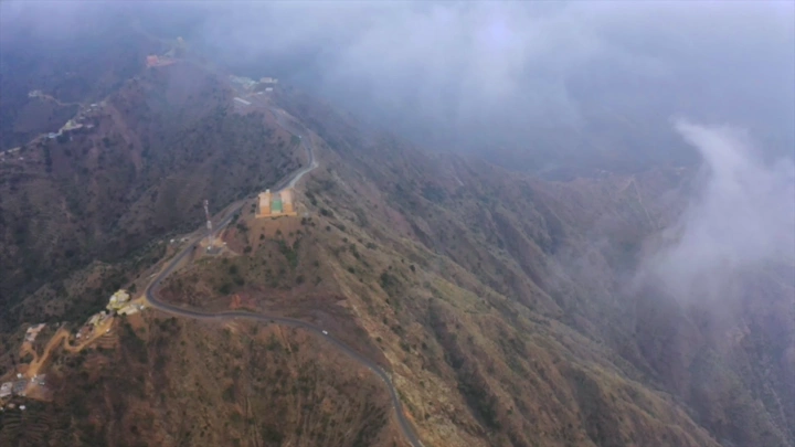 The Talan Mountains covered in fog in Jazan, aerial shot.