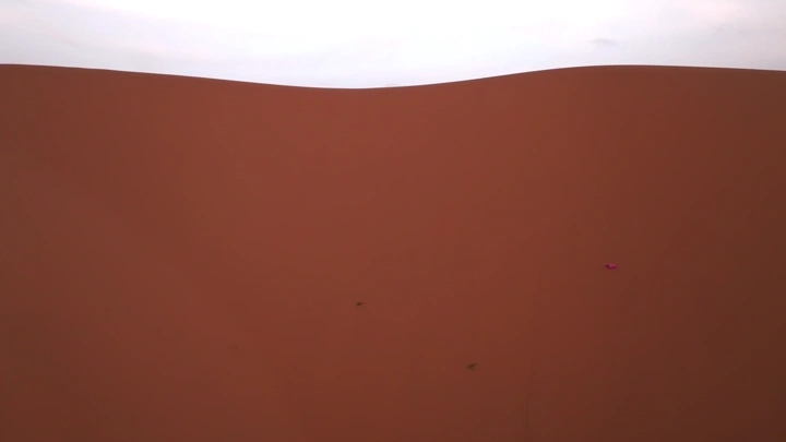 جبال من خلف كثبان رملية في الصحراء، لقطة جوية.