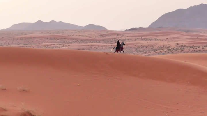 فارسة على حصان في صحراء النفود، لقطة جوية.