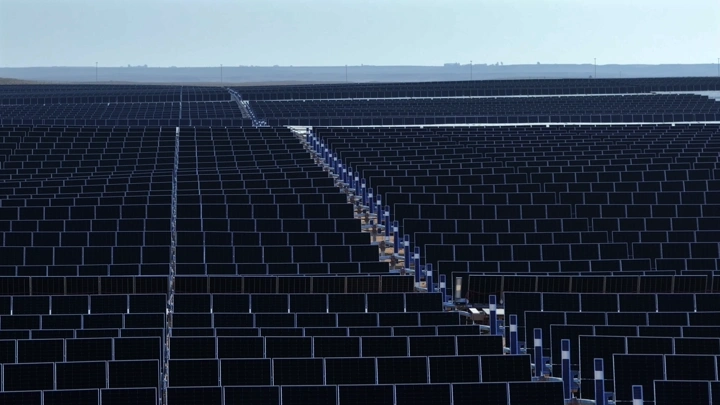 ألواح شمسية في حقل كبير تحت أشعة الشمس، لقطة جوية.