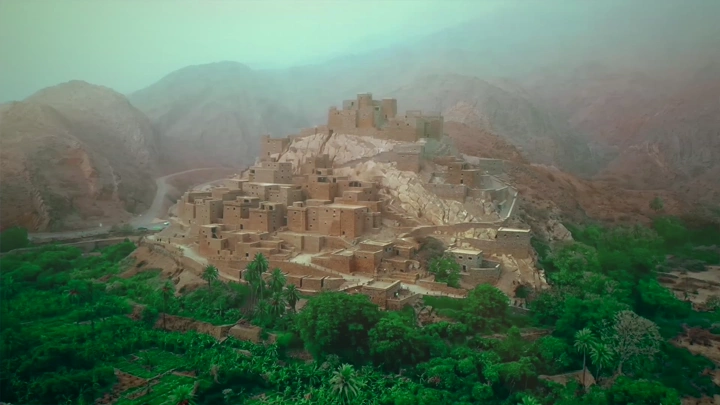 قرية ذي عين الأثرية في الباحة، لقطة جوية.