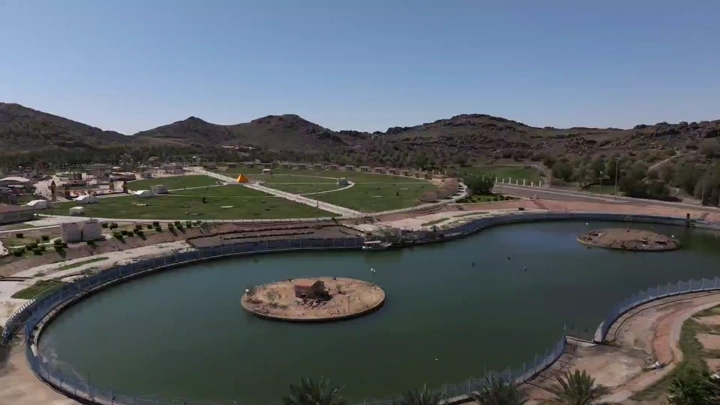 Al-Samraa Lake and Park in Hail, aerial daytime shot.