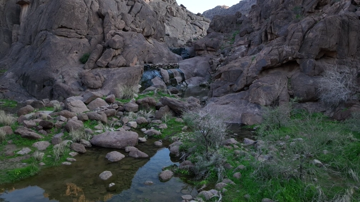 وادي صخري مع مياه جارية ونباتات خضراء في حائل، لقطة طبيعية.