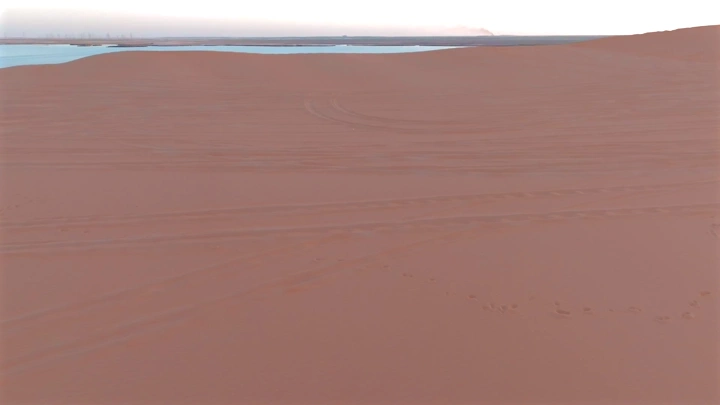 سيارة تحمل علم السعودية في النفود مع ظهور بحيرة الأصفر في الأحساء، لقطة جوية.