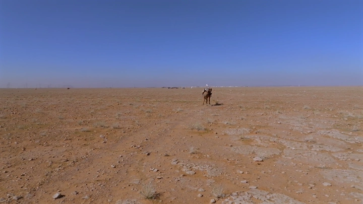 راعي إبل في صحراء النفود تحت سماء زرقاء، لقطة بعيدة.