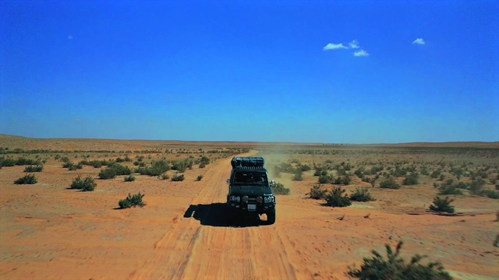 سيارة دفع رباعي تسير في صحراء مفتوحة، لقطة جوية.